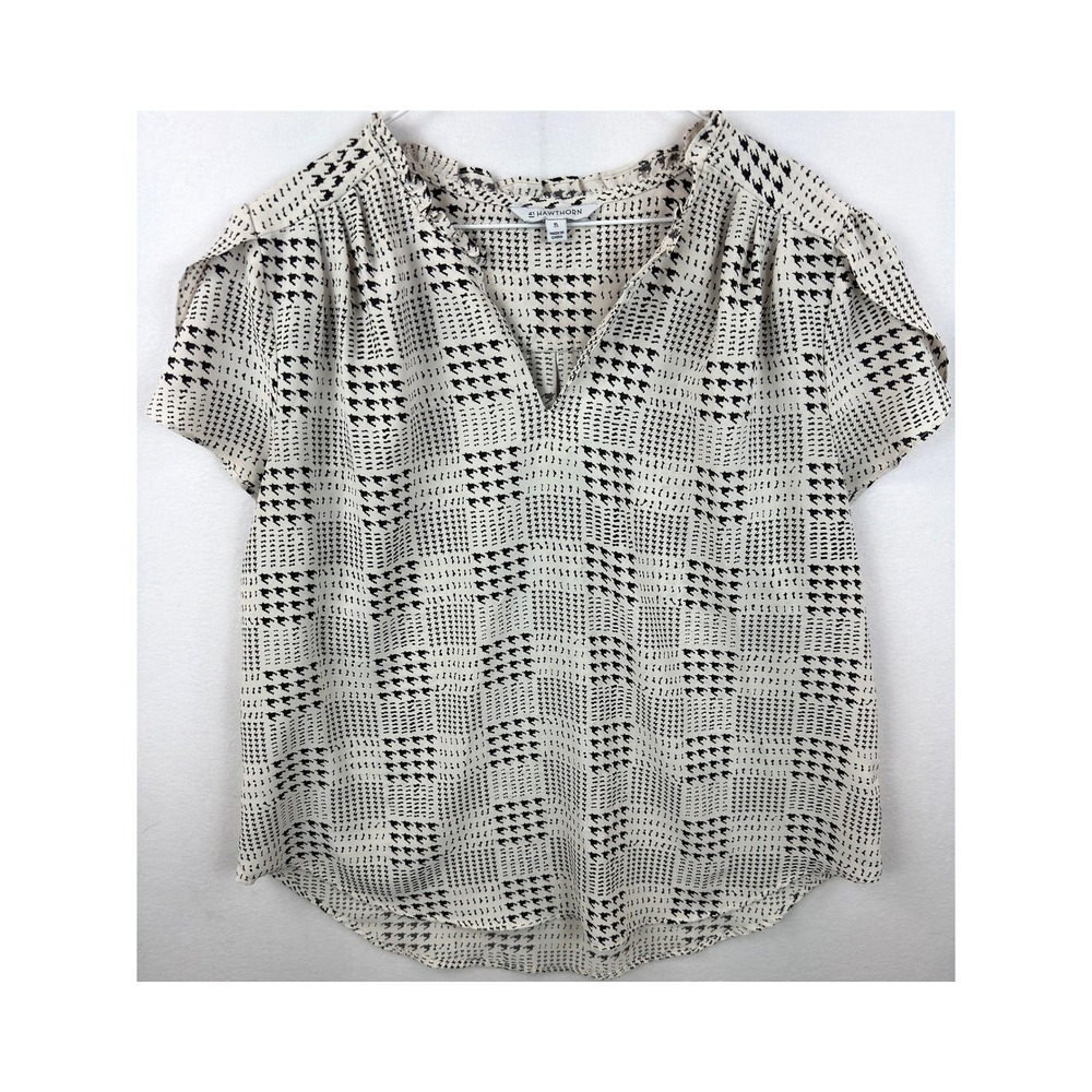 41 Hawthorn Blouse Womens M Black White Houndstooth V Neck Ruffle Career